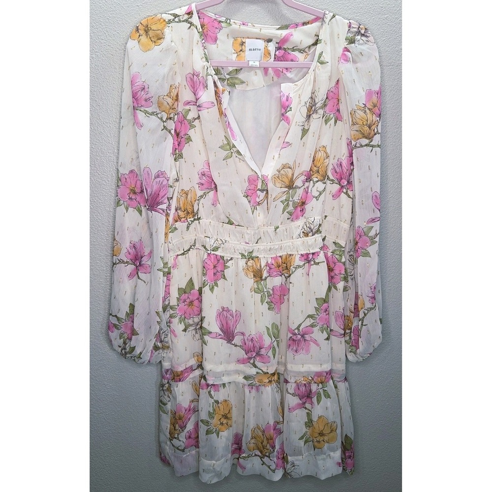 Maeve Anthropologie Floral Mini Dress Sheer Gold Clip Dot Boho Romantic Size M